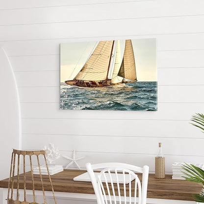 ARTISTIC PATH Nautical Sailboat Canvas Wall Art - Coastal Ocean Artwork Seascape Sailing Prints Wave Boat Picture Sunset Marine Ship Painting for Bedroom
