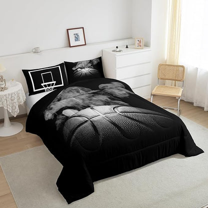 Erosebridal Basketball Comforter Set for Boys Teen Queen Size Sports Basketball Bedding Set Basketball Room Decor Reversible Black Down Comforter Grey Hippie Smoke Quilt Duvet Insert 2 Pillow Case
