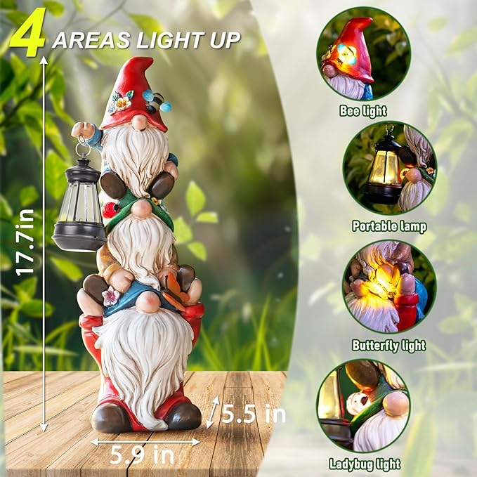 17 in Large Garden Gnome Statue with Solar Lights Sculptures Funny Triple Big Gnome Outdoor Patio Lawn Yard Balcony Garden Home Decor Gifts for Women Mom