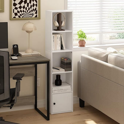 Furinno Luder Shelf Bookcase with 1 Door Storage Cabinet, White, 5-Cube with Cabinet