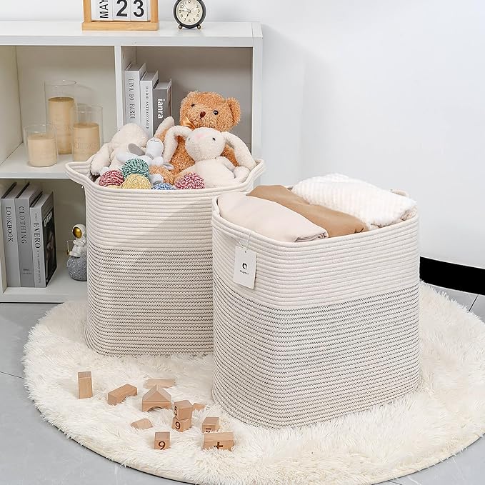 Extra Blanket,Storage Baskets for Clothes Fabric Cotton Rope Storage Basket with Handles, Decorative Woven Basket for Living Room,Laundry Basket Closet Organizer Blankets, and Toys 2bags