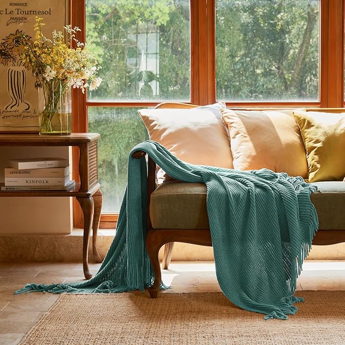 lifein Throw Blanket for Couch, Soft Boho Decor Bed Throw,Cozy Blue Chenille Knitted Small Farmhouse Lightweight Throw for Spring(Aqua,50 * 60")