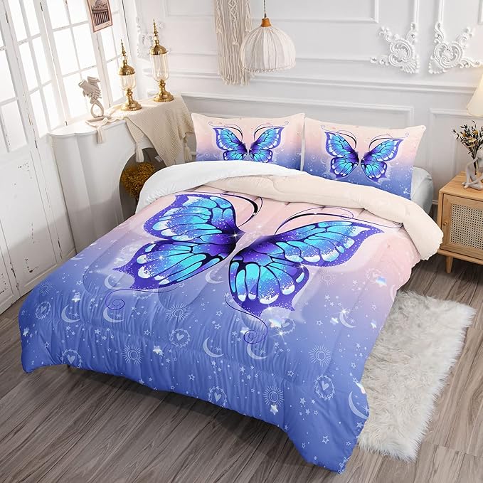 Datura home Bedding Comforter Set Pink Purple Butterfly Printed Pattern Quilt with 1 and 2 Pillowcases for Girls Bedroom All Season(Butterfly Full) Full 80x90inches