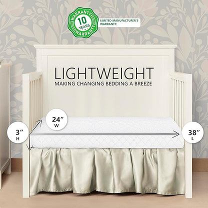 Lucas Mini Modern Crib with Rounded Spindles & Sunset 3” Extra Firm Fiber Crib Mattress, Greenguard Gold Certified, Waterproof Vinyl Cover, Baby Mattresses for Cribs