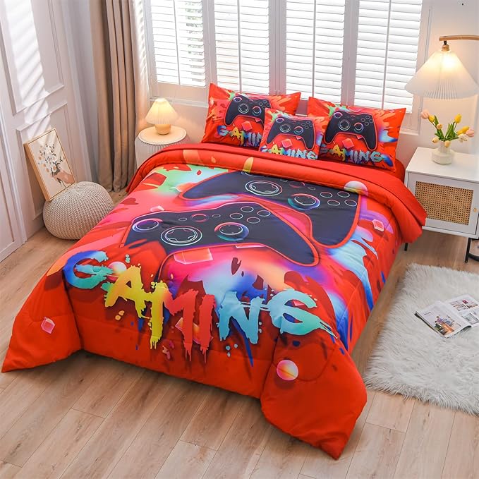 Aimuan Gaming Comforter Sets for Boys Kids Bedding Sets Video Games Console Action Buttons Novelty Colorful Game Gamepad Controller Modern Gamer Room Decor Home Quilt Set (Queen 6 Pcs,Red)