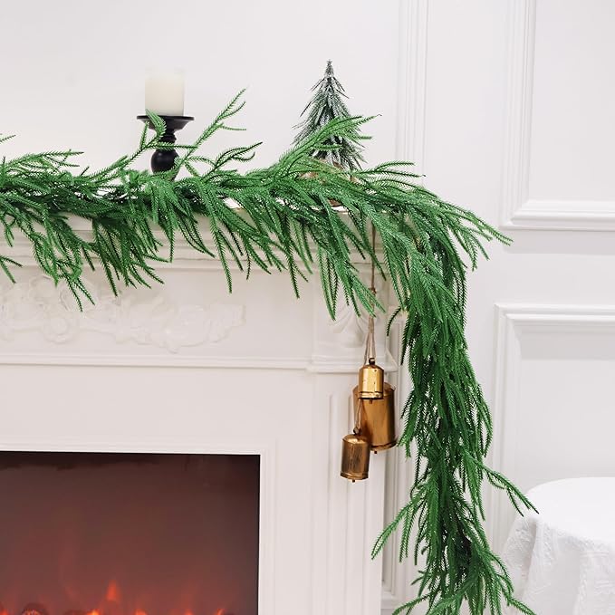 2PCS 9FT Christmas Garland Norfolk Pine Garland Real Touch Artificial Greenery Garland for Mantle Fireplace Table Indoor Outdoor Decor (Normal)