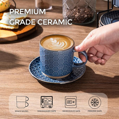 GBhome 6 OZ Stackable Coffee Mugs Set of 4, Ceramic Espresso Coffee Cups | Coffe Cups With Saucer and Stand, Dishwasher&Microwave Safe, 4 Assorted Designs