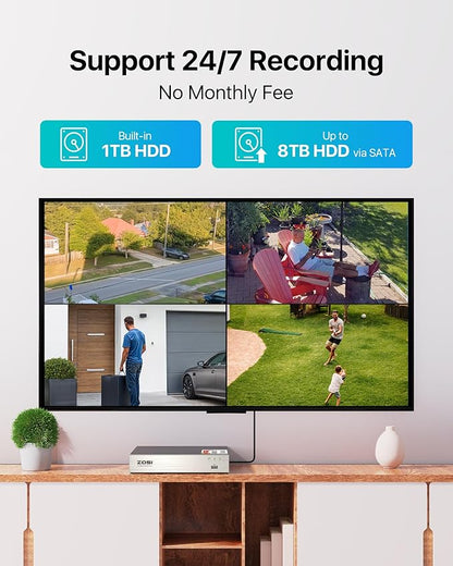 ZOSI 3K Lite Security Camera System with AI Human Vehicle Detection,H.265+ 8CH HD TVI Video DVR Recorder with 4X HD 1920TVL 1080P Indoor Outdoor Weatherproof CCTV Cameras,Remote Access,1TB Hard Drive