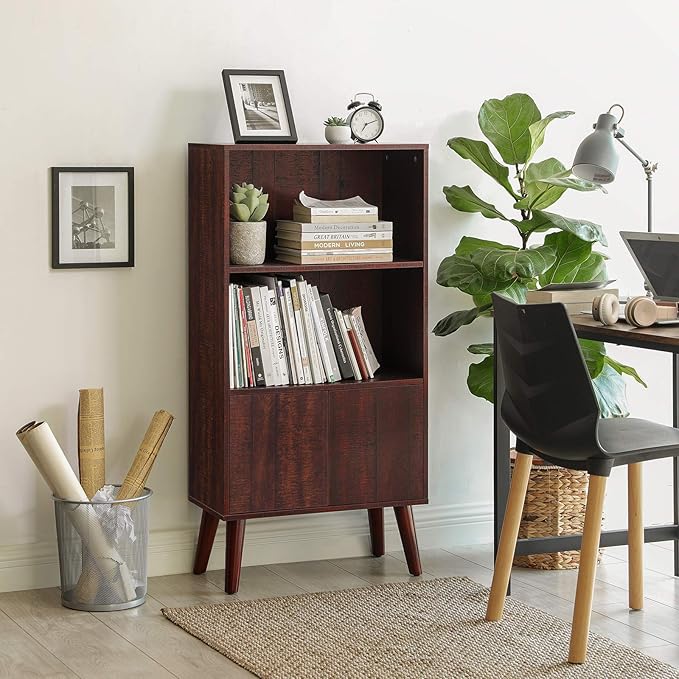 VASAGLE Bookcase, 2-Tier Retro Bookshelf with Doors, Storage Cabinet for Books, Photos, Decorations in Living Room, Office, Study, Mid-Century Style, Walnut Color ULBC09BY