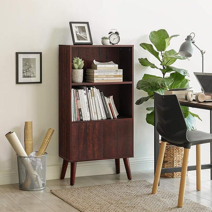 VASAGLE Bookcase, 2-Tier Retro Bookshelf with Doors, Storage Cabinet for Books, Photos, Decorations in Living Room, Office, Study, Mid-Century Style, Walnut Color ULBC09BY