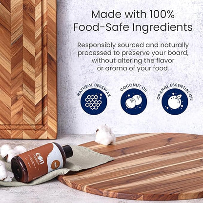 Teakhaus Carving Board and EON Cutting Board Oil Set - Small (S) Teak Wood Cutting Board with Juice Groovel & Food-Grade Mineral Oil - 16”L x 12”W x 1.5” Thick - FSC Certified
