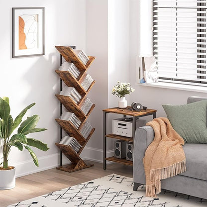 HOOBRO Tree Bookshelf, 9-Tier Bookcase Wooden Shelves, Floor Standing Storage Rack, for Display of CDs, Books in Living Room, Home Office, Wood Storage Rack for Bedroom, Rustic Brown BF08SJ01G1