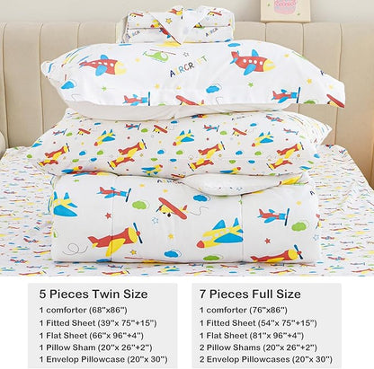 Mooreeke Bed in a Bag for Kids Boys Teens, 5 Pieces Twin Size Aircraft Print Comforter Bed Set with Shams, Sheet Set, Airplane White Super Soft Microfiber Kids Comforter Bedding Set