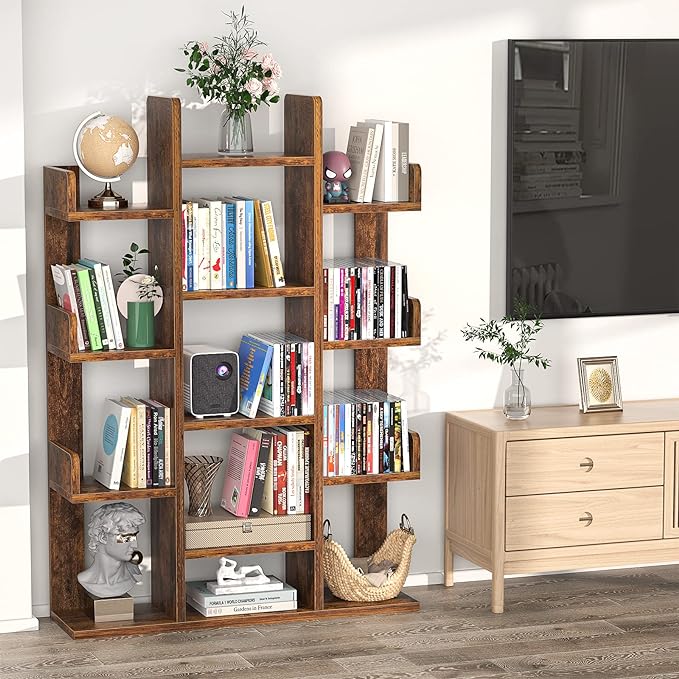 Aheaplus Bookshelf, Tree-Shaped Bookcase Storage Shelf with 13 compartments, Books Organizer Display Cube Shelves, Industrial Free Floor Standing Wood Open Bookshelves for Home
