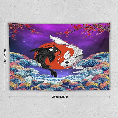 Houselerax Japanese Koi Fish Tapestry, Yin Yang Big Wave Cherry Blossom Tapestries Wall Hanging for Bedroom Living Room Office Decor 90"x60"