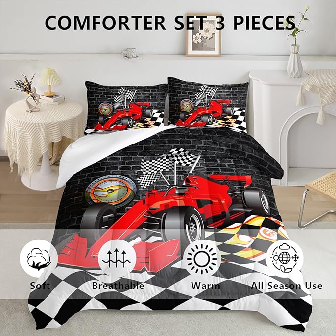 Axolotl Race Car Comforter Set Twin Size,Extreme Sports Bedding Set for Boys Teens Kids Girls Room Decor,Cool Speed Car Quilt Bed Set with 1 Comforter 2 Pillowcases Car Racing Gifts,Black Red