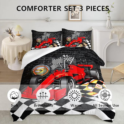 Axolotl Race Car Comforter Set Full Size,Extreme Sports Bedding Set for Boys Teens Kids Girls Room Decor,Cool Speed Car Quilt Bed Set with 1 Comforter 2 Pillowcases Car Racing Gifts,Black Red
