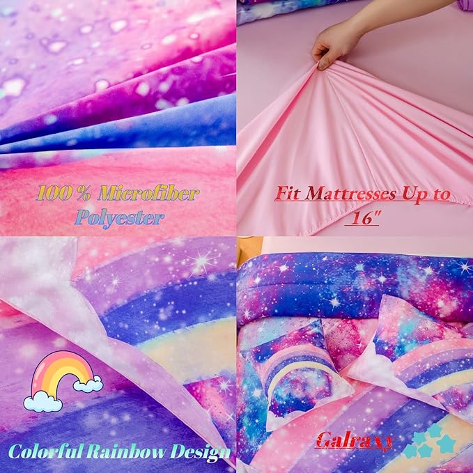 6 Pcs Tie Dye Pink Twin Comforter Set for Girls, 3D Rainbow Galaxy Gradient Themed Bed in A Bag, Pastle Nebula Kids Bedding Set with Sheets, Comforter and Pillowcases for All Season