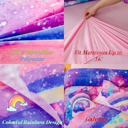 6 Pcs Tie Dye Pink Twin Comforter Set for Girls, 3D Rainbow Galaxy Gradient Themed Bed in A Bag, Pastle Nebula Kids Bedding Set with Sheets, Comforter and Pillowcases for All Season