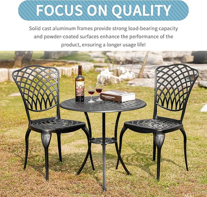 Black Cast Aluminum Bistro Set 3 Piece Outdoor,Small Patio Table and Chairs with Umbrella Hole,Outdoor Bistro Set for Front Porch Set Woven Patio Set for Garden,Yard(Black)