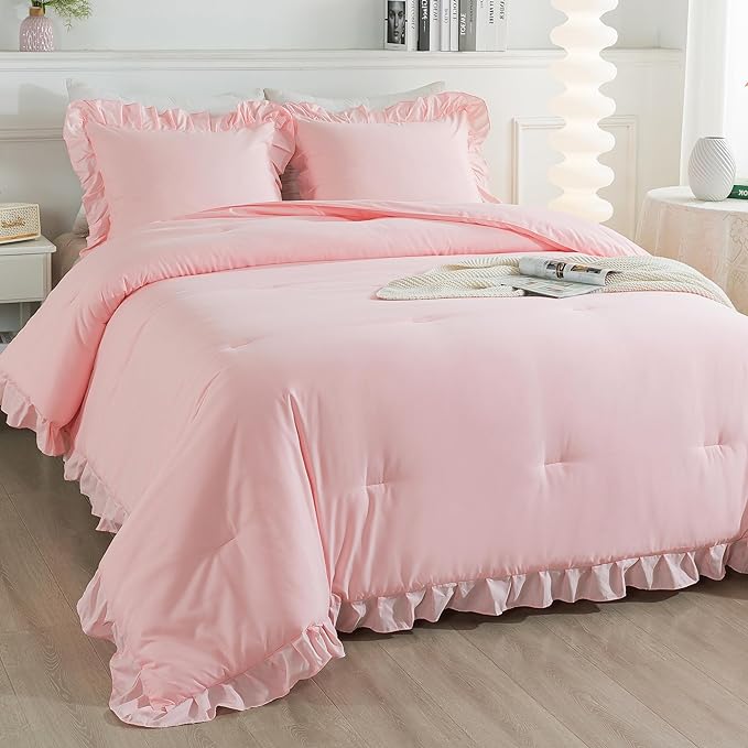 Andency Pink Ruffle Comforter King, 3 Pieces Solid Farmhouse Shabby Chic Comforter, Vintage Rustic Lightweight Soft Microfiber Bedding Set All Season (104x90Inch Comforter)