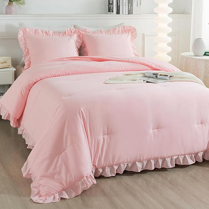Andency Pink Ruffle Comforter King, 3 Pieces Solid Farmhouse Shabby Chic Comforter, Vintage Rustic Lightweight Soft Microfiber Bedding Set All Season (104x90Inch Comforter)