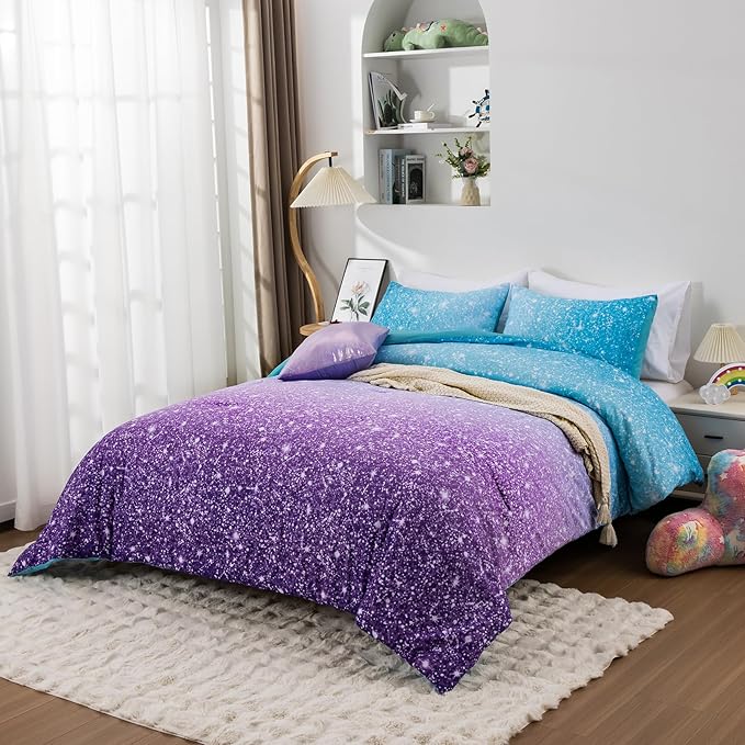 Holawakaka Kids Space Star Glitter Comforter Set Queen Size Girls Ombre Blue & Purple Print Gradient Teens Bedding Set Teens Galaxy Bed Sets (Blue Purple, Queen)