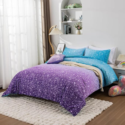 Holawakaka Kids Space Star Glitter Comforter Set Ombre Blue & Purple Print Bedding Set Twin/Twin XL Size Girls Boys Dorm Gradient Galaxy Bed Sets (Blue Purple, Twin)