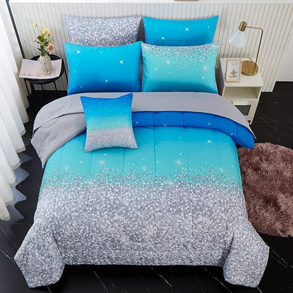 inron Aqua Glitter Comforter Sets for Girls Women,Full Size 5-Pieces Bed in a Bag Ultra Soft Microfiber Comforter and Sheet Sets, All Season Durable Bedding Set(Aqua,Full)