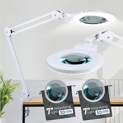 Desk Magnifying Glass with Light - DAEV - 7" Large LED Magnifying Glass with Clamp, Easy Change 5D (2.25X) and 3D (1.75X) Glass. 1600 Lumen, 6500K CCT Dimmable LED Magnifier with Light, White