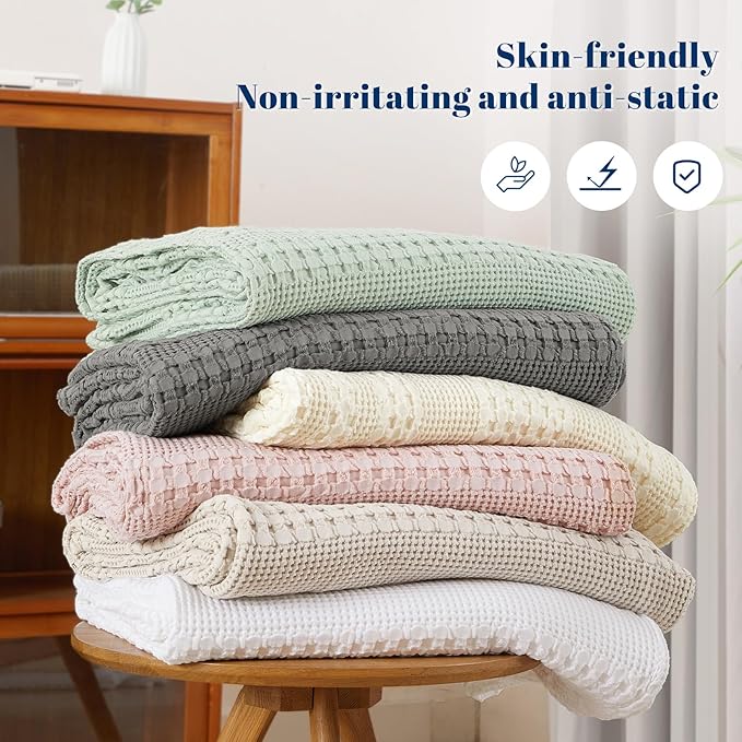 PHF 100% Cotton Waffle Weave Blanket Twin Size, Soft Lightweight Breathable Cozy Summer Blankets for Bed, Luxury Aesthetic Woven Bedding for Home Decor, 66"x90", White