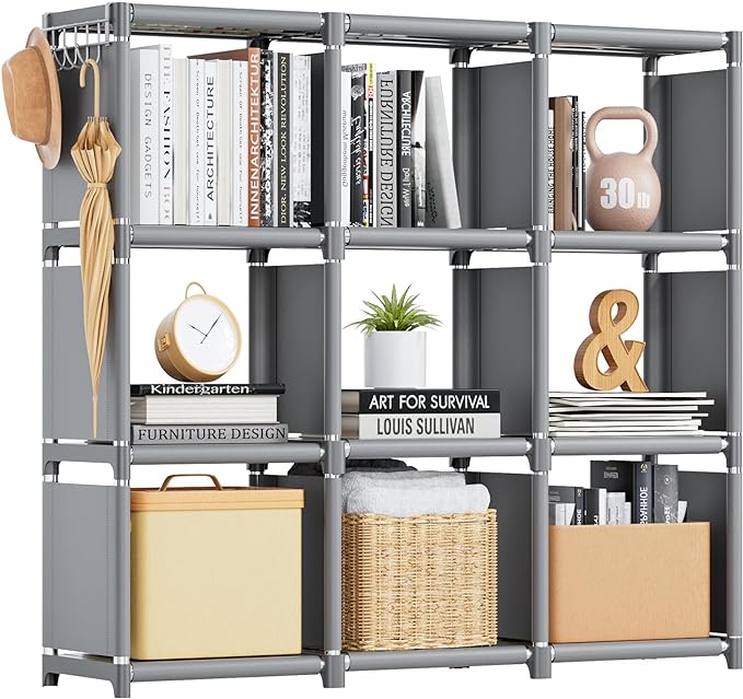 Mavivegue Book Shelf, 9 Cube Storage Organizer, DIY Bookcase, Metal Cube Bookshelf, Tall Book case for Bedroom, Living Room, Office, Closet Storage Organizer, Grey Cubicle Storage Rack