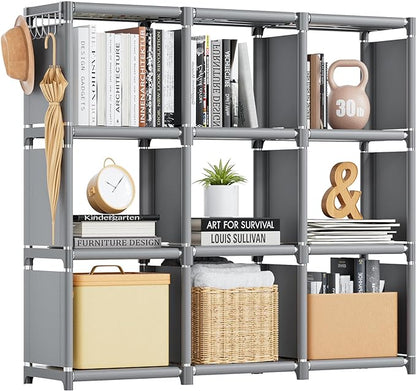 Mavivegue Book Shelf, 9 Cube Storage Organizer, DIY Bookcase, Metal Cube Bookshelf, Tall Book case for Bedroom, Living Room, Office, Closet Storage Organizer, Grey Cubicle Storage Rack