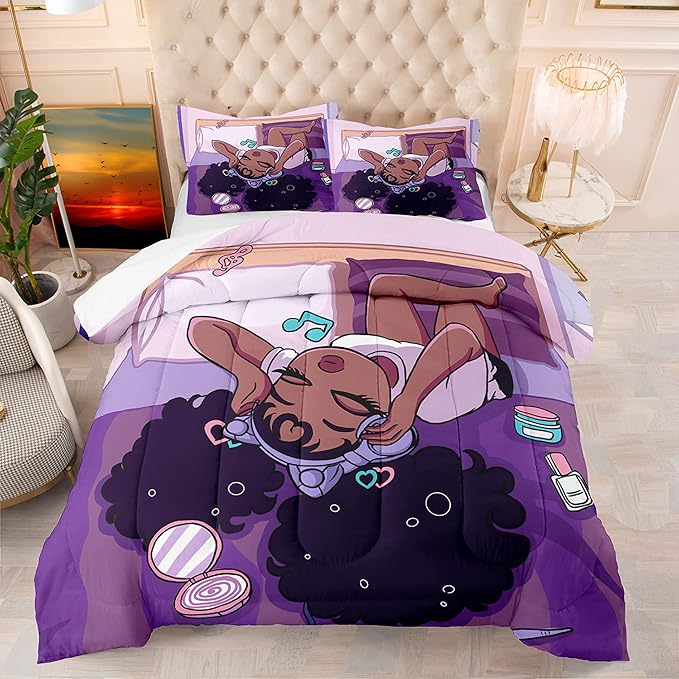 Black Girls Magic Comforter Sets, African American Girl Love Music Purple Designs Soft Fluffy Comforter Duvet, Full Size Afro Pretty Girls Comforter Set for Teens Kids Princess Cute Room Decor