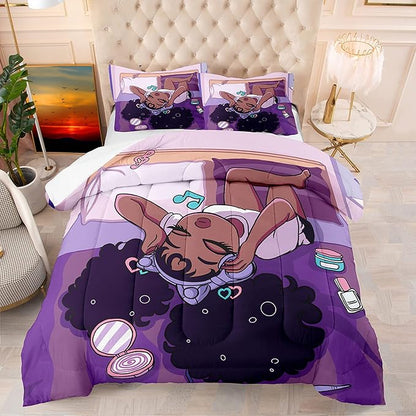 African American Girls Comforter Sets, Pretty Black Girls Love Music Purple Duvet, Fluffy Afro Gilrs Comforter Bedding Set, Queen Size Black Girls Magic Comforter Sets 1 Comforter +2 Pillowcases