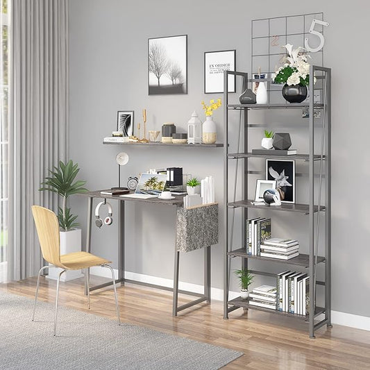 No-Assembly Folding Bookshelf Storage Shelves 5 Tiers Vintage Multifunctional Plant Flower Stand Storage Rack Shelves Bookcase for Home Office (Gray and Black)