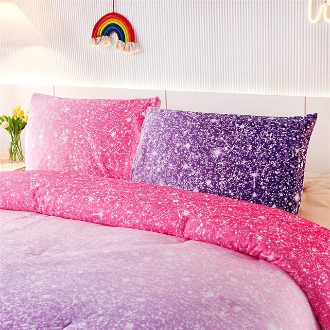 Holawakaka Kids Space Star Glitter Comforter Set Ombre Red & Purple Print Gradient Bedding Set Full Size (Red purple, Full)