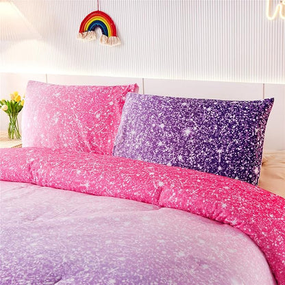 Holawakaka Kids Space Star Glitter Comforter Set Ombre Pink Purple Print Gradient Bedding Set Queen Size (Pink Purple, Queen)……