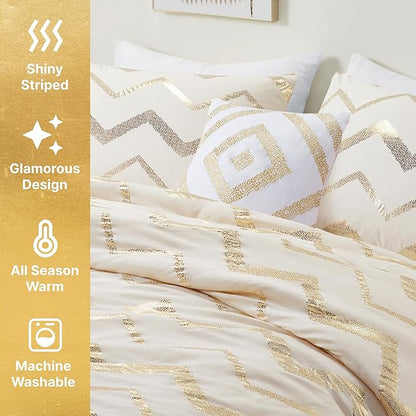 Codi Cream White and Gold Comforter Set for Full/Queen Size Bed, Cute Metallic Ivory Bed Sets, 4 Piece (2 Matching Shams + 1 Decorative Pillow)