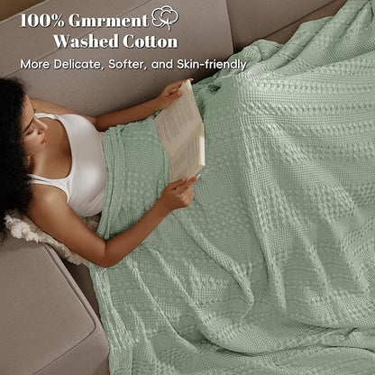 PHF 100% Cotton Waffle Weave Blanket Queen Size, Soft Lightweight Breathable Cozy Summer Blankets for Bed, Luxury Aesthetic Woven Bedding for Home Decor, 90"x90", Sage Green