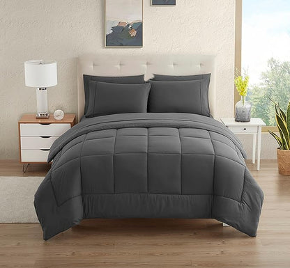 Dorm Room Essentials College Bedding Comforter Set 7 Piece Full Size Bed in a Bag for College Students Boys and Girls, Full, Gray