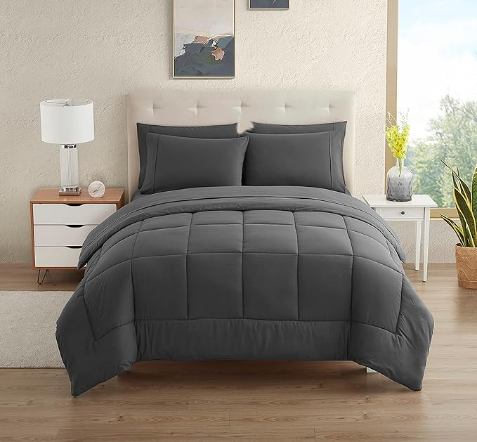 Dorm Room Essentials College Bedding Comforter Set 5 Piece Twin Size Bed in a Bag for College Students Boys and Girls, Twin, Gray