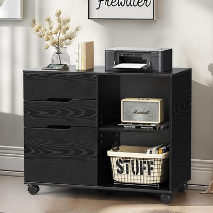 Sweetcrispy 3 Drawer File Cabinet Organizer Lateral Printer Stand Rolling Desk with Adjustable Storage Shelves for Office Home Small Space, Black Wood