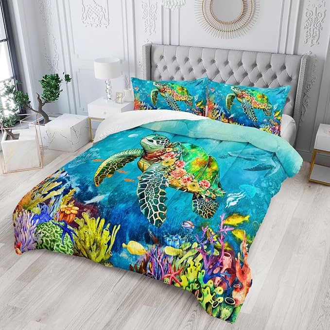 Kids Turtle Rose Comforter Set Queen Beach Theme Jellyfish Starfish Bedding Set Sea Animal Reptile Bed Set with 2 Pillowcases for Boys Girls Room Decor