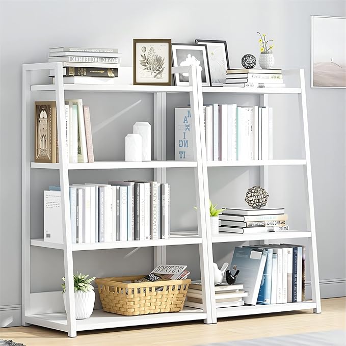 IOTXY 4 Tier Open Bookshelf - Steel and Wood Display Stand, 50CM Width Floor-Standing Bookcase, White