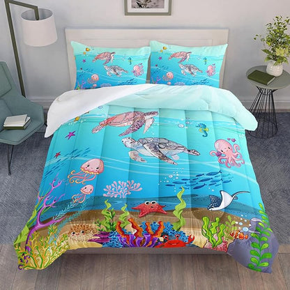 Turtle Comforter Set Full Ocean Watercolor Sea Turtle Bedding Set Tropical Fish Marine Life Bed Set with 2 Pillowcases for Kids Room Decor