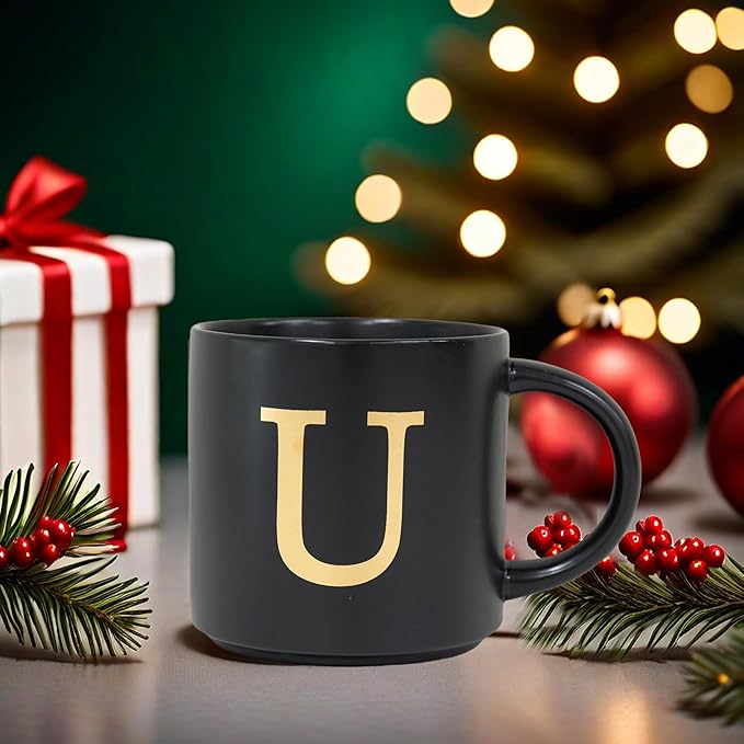 COLLECTIVE HOME - Monogram Ceramic Mugs, 15 oz Golden Initial Black Coffee Cups, Elegant Alphabet Tea Mugs, Elegant Personalized Mug with Gift Box, Unique Mug with Double Side Capital Lette (U)
