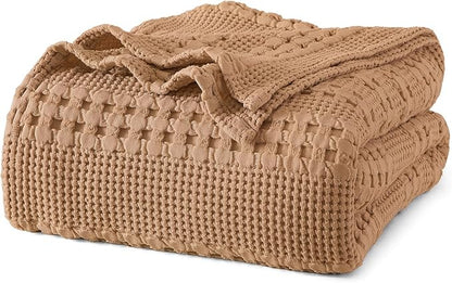 PHF 100% Cotton Waffle Weave Blanket Twin Size, Soft Lightweight Breathable Cozy Summer Blankets for Bed, Luxury Aesthetic Woven Bedding for Home Decor, 66"x90", Camel