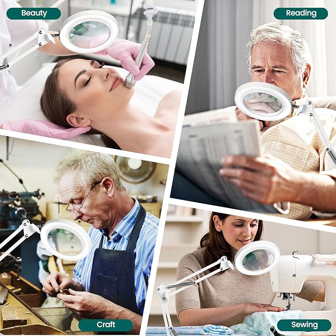 Magnifying Glass with Light and Clamp, 10X Real Glass Magnifier with Light, 3 Color Modes Stepless Dimmable Lighted Magnifying Glass, Magnifying Lamp for Repair Crafts Close Work- WHITE