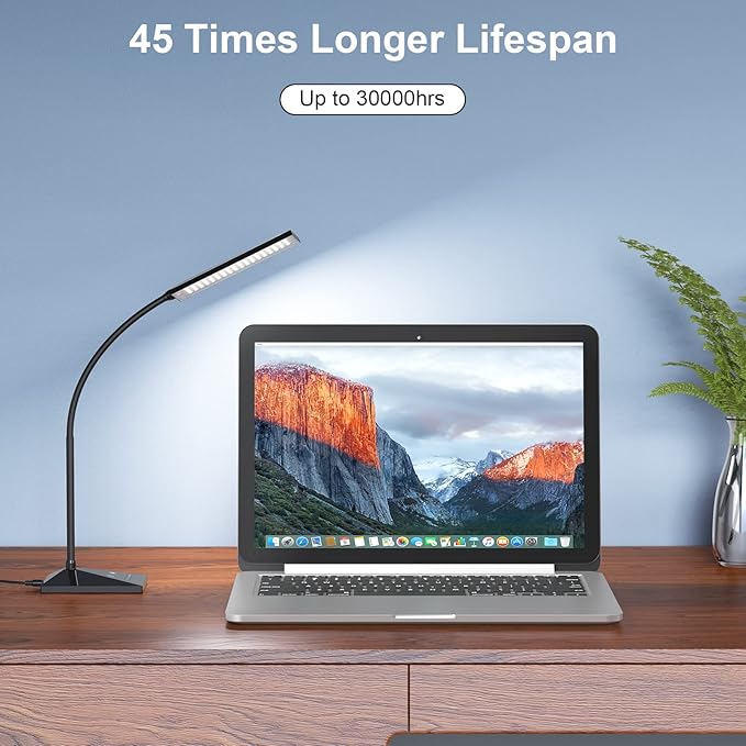 LED Desk Lamp Eye-Caring Table Lamps with USB Charging Port,7 Brightness Levels & 5 Color Modes,Touch Control and Memory Function, Flexible Gooseneck Reading Lamp for Home Office, Black